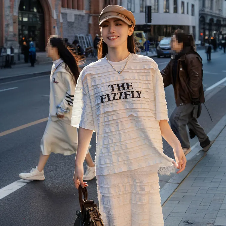 Fizzfly25春夏设计师款 宽松型T恤印花气质层层裙木耳边套装
