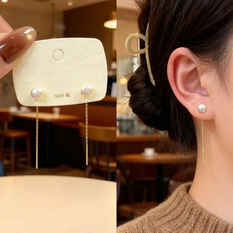 铜合金仿珍珠耳饰 气质简约方形珠珠流苏耳线轻奢百搭温柔耳环女
