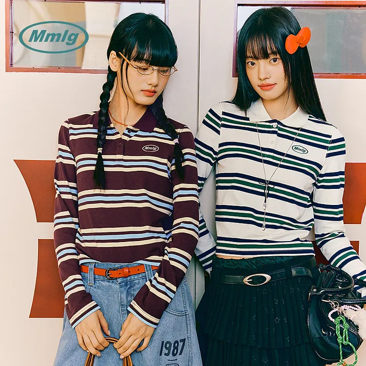 Mmlg长袖t恤女2025早秋新款polo领经典条纹修身显瘦上衣FQT144