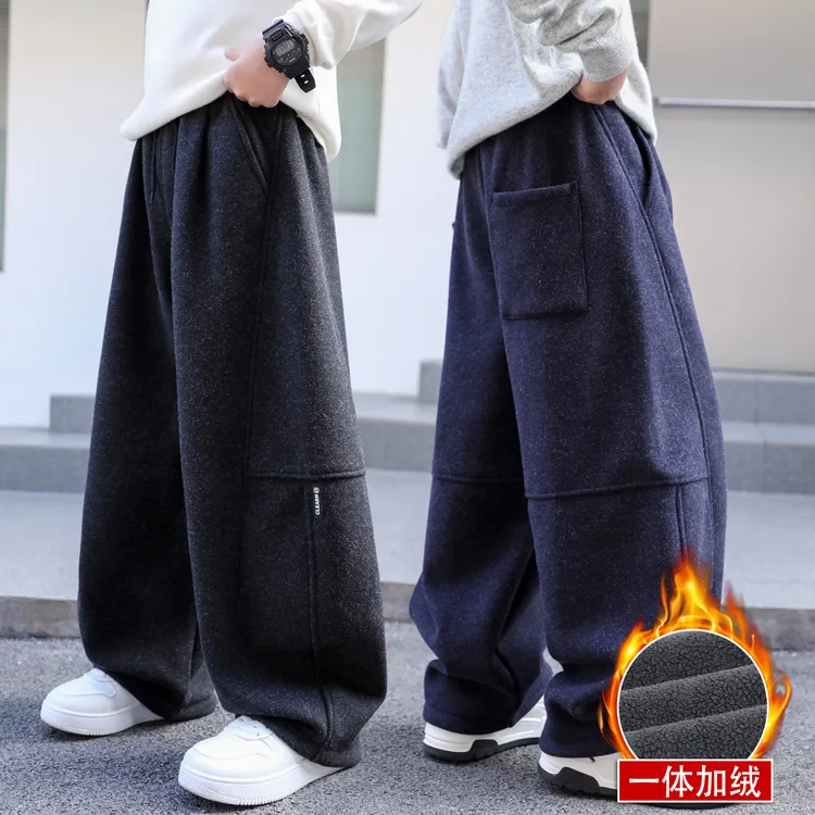 男童加绒裤子秋冬中大童呢子裤2025新款儿童一体绒休闲运动裤冬装