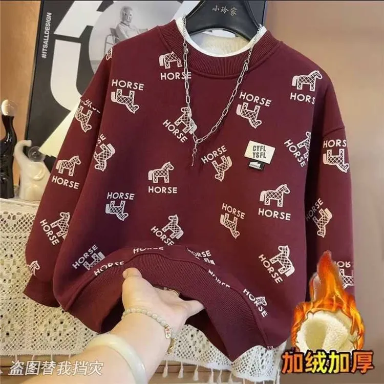 【加绒过年服】男童女童加绒卫衣冬季中大童一体绒男孩保暖打底衫