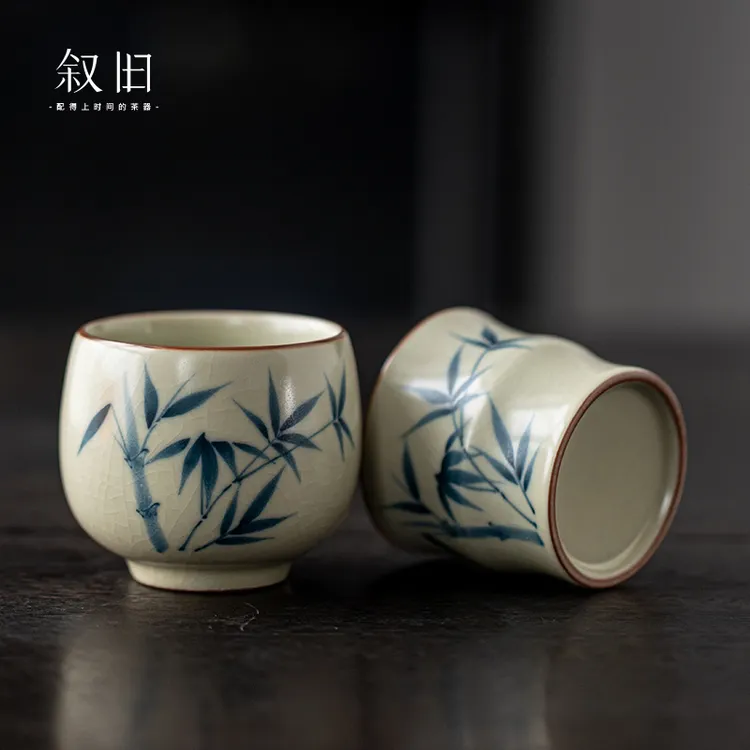 茶里茶气叙旧 黄汝窑手绘竹叶主人杯功夫茶具单茶杯品茗茶里茶气