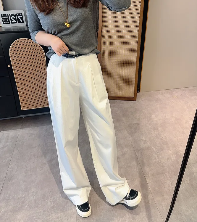 【欧加粒粒】时尚压褶天丝棉白色显瘦百搭直筒阔腿裤带皮带 F9802