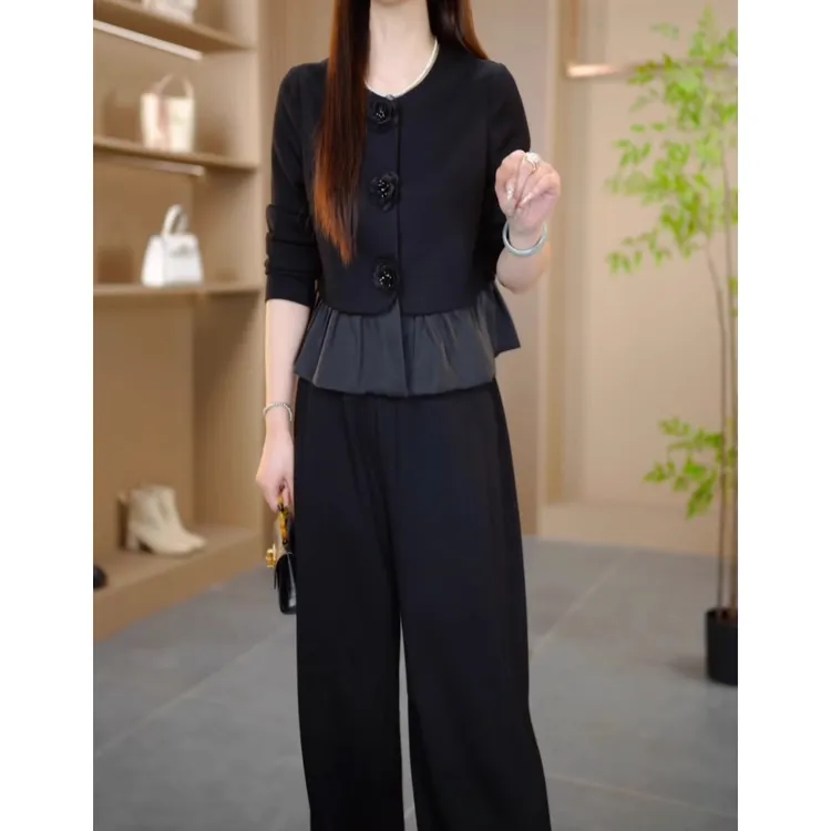 2025年春夏新款时尚春夏长袖两件套女轻奢高级感拼接阔腿裤套装