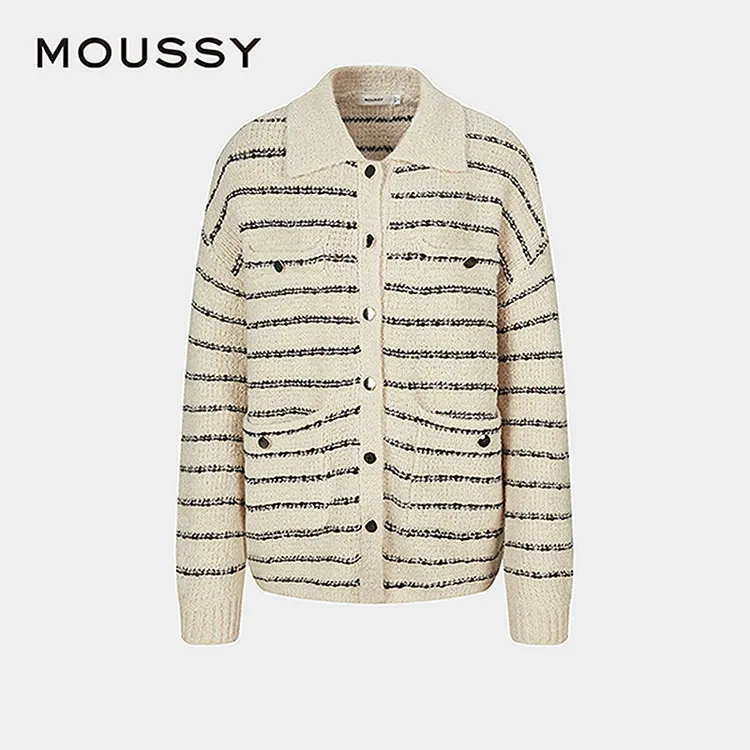 moussy 早春新品摩登复古风圈圈纱条纹针织开衫028IAZ70-1030