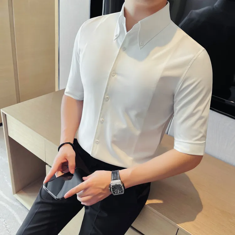 法式大尖领七分袖衬衫男夏季新款修身抗皱潮流商务正装高级感衬衣