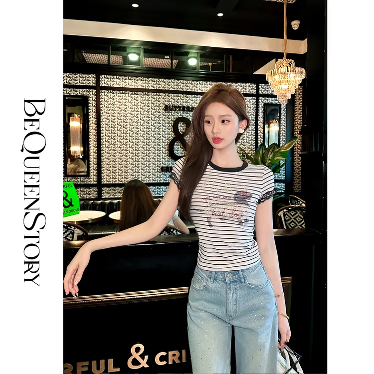 韩韩IU【萌宠奇遇记】时尚经典百搭条纹元素高弹力圆领修身新款T恤