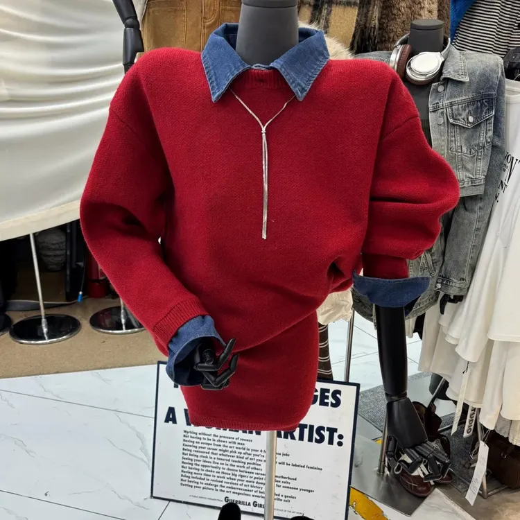 韩版慵懒风牛仔拼接领毛衣加短裙时尚套装女秋冬显瘦百搭针织