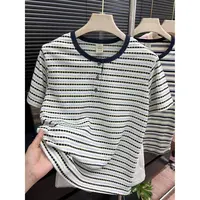 福利款独特撞色【钮扣开衫格子条纹】短袖女韩系宽松休闲别致25082