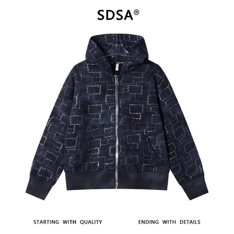 SDSA秋冬新款痞帅男装复古不规则图形滴胶开衫拉链连帽卫衣百搭