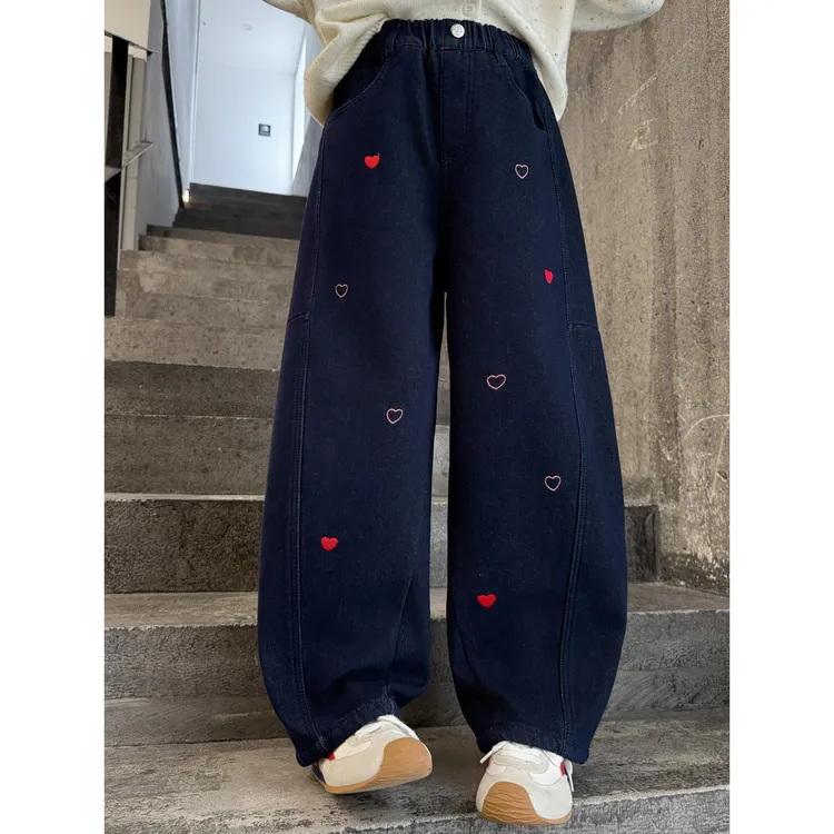 女童加绒牛仔裤秋冬儿童一体绒外穿洋气弯刀裤中大童冬季加厚裤子