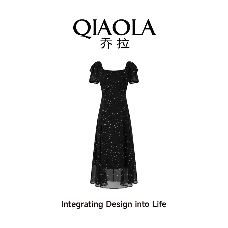 QIAOLA/乔拉【千星舞会】夏季雪纺纱印花方领轻奢减龄裙子预售