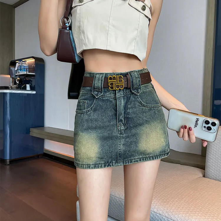 复古牛仔半身裙女夏季美式甜妹高腰小个子a字短裙显瘦辣妹包臀裙
