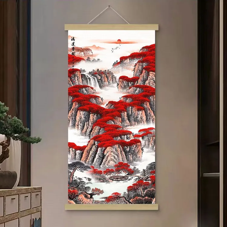 新中式山水布艺挂画沙发背景墙遮瑕挂画免打孔客厅卧室入户玄关画