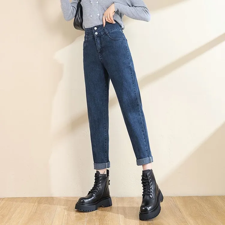 大码高腰哈伦牛仔裤女秋季2025新款弹力宽松显瘦小个子窄版老爹裤