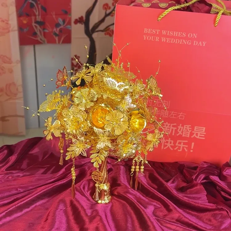 新款金色手捧花DIY材料包手工高级玫瑰花成品婚礼送新人闺蜜礼物