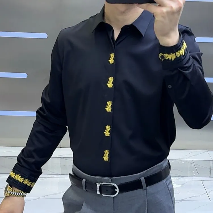 男士长袖衬衫修身刺绣设计商务休闲百搭潮流衬衣春秋时尚黑色春季