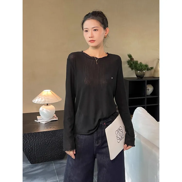 木耳边黑色打底衫女2025新款春秋洋气长袖t恤内搭上衣外穿高级感