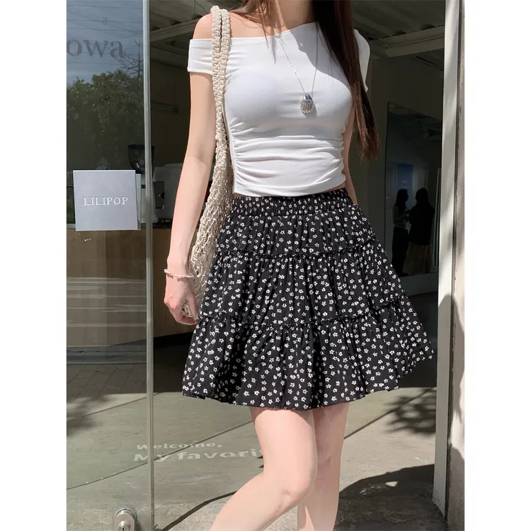 黑色碎花短裙女夏季新款高腰显瘦a字半身裙休闲芭蕾风波点蛋糕裙
