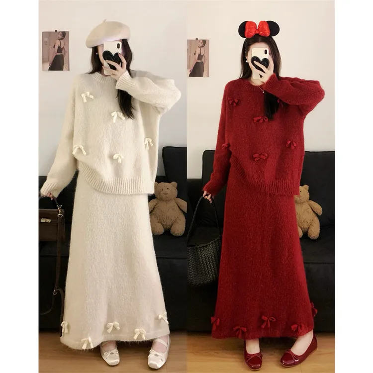 MO88ZSPF大码秋冬立体蝴蝶结针织圆领宽松毛衣高腰半身裙两件套