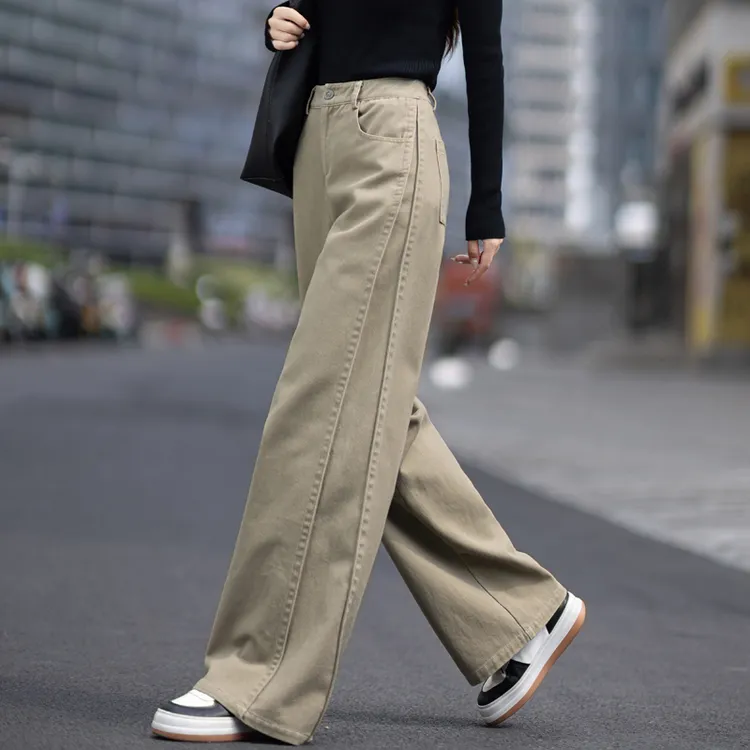 高腰牛仔裤女卡其色裤子女款爆款2025新款秋冬季宽松阔腿裤直筒裤