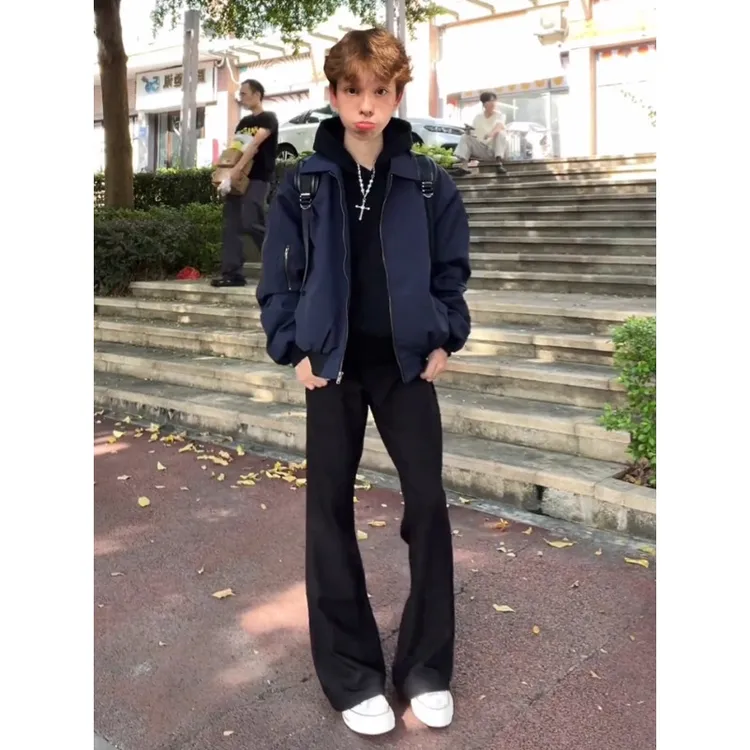 cleanfit藏青色飞行夹克男款秋季美式高街翻领棒球服短款工装外套