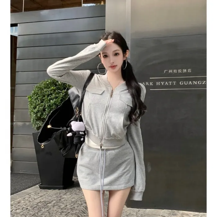 复古慵懒双拉链长袖卫衣外套女秋季休闲套装包臀半身裙灰色两件套