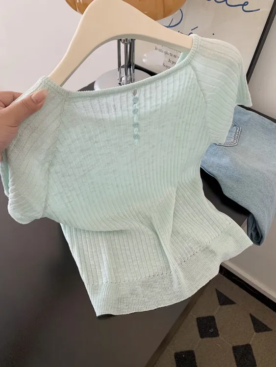 韩系薄荷绿针织正肩短袖T恤女2025夏季新款减龄百搭宽松休闲上衣