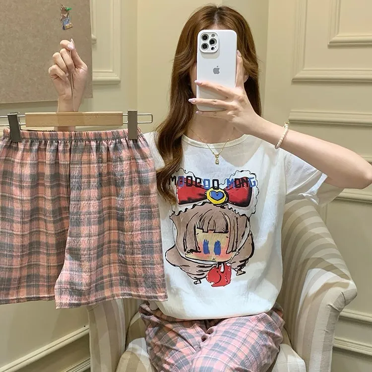 睡衣女款夏季短袖长裤卡通可爱秋夏款女士宽松外穿家居服三件套女