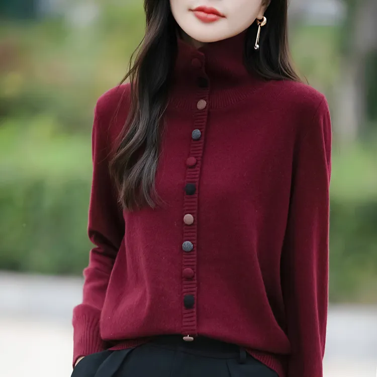 正品2025春秋新款时尚彩扣高领毛针织衫开衫秋冬百搭洋气女装毛衣