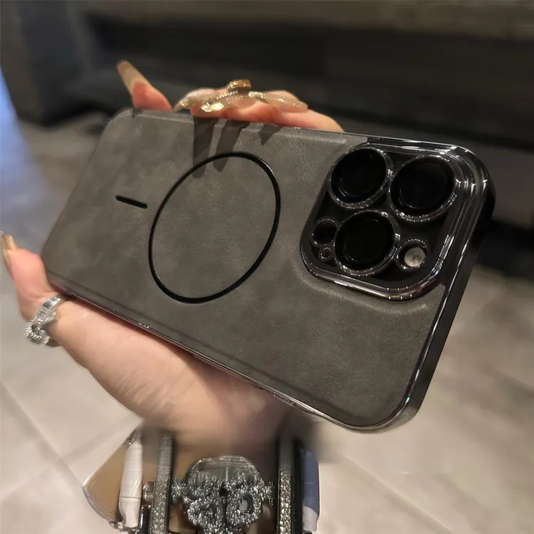 金属漆皮纹适用苹果16Promax手机壳iPhone17自带镜膜细圈磁吸全包