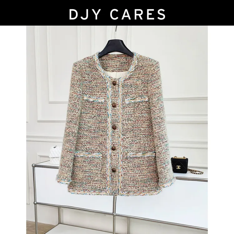 DJYCARES小香风工厂秋冬款高级加棉显瘦彩色编织小香风中长款外套