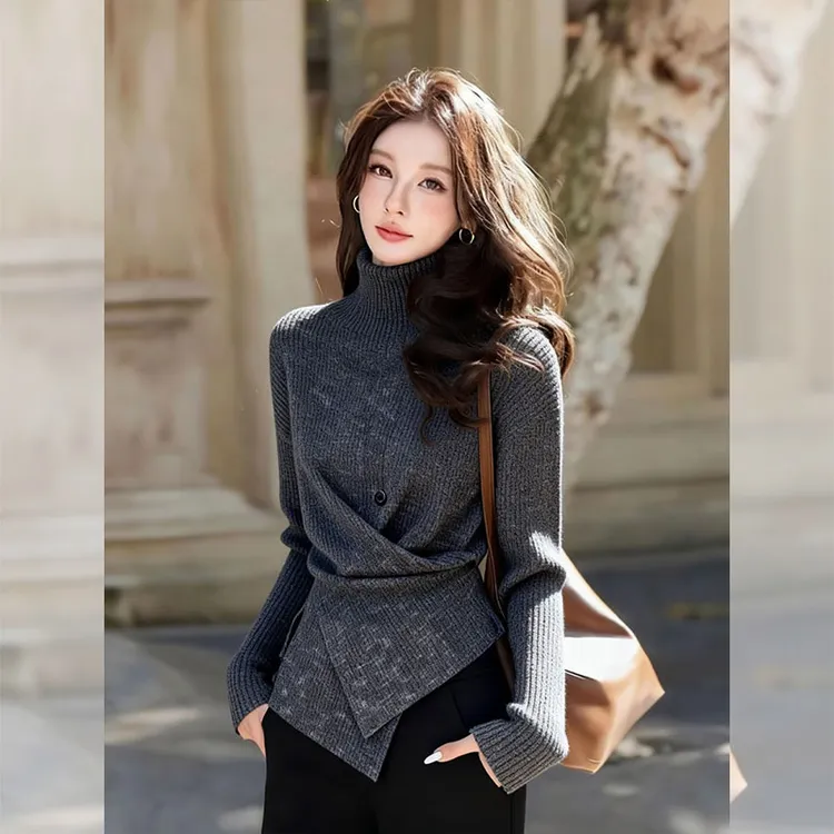 秋冬新款立领针织衫毛衣女时尚百搭气质轻熟风女装设计感别致小衫