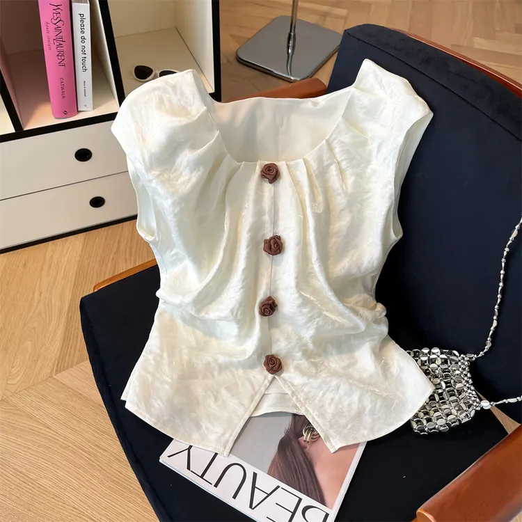 立体花朵无袖衬衫女夏新款宽松压褶设计感衬衣法式高级感气质上衣