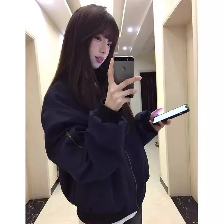 美式高街藏青色飞行员夹克男女情侣款春季棒球服cleanfi外套上衣