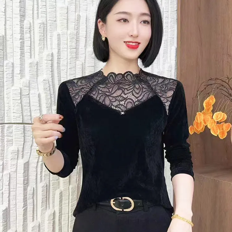 欧货秋冬半高领蕾丝拼接丝绒打底衫女2025新款保暖德绒内搭T恤潮