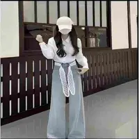 【送腰带】新款福利2025秋季云水蓝窄版阔腿无弹高腰直筒裤
