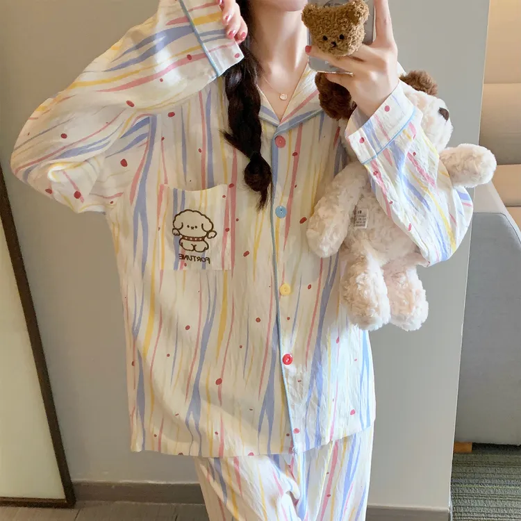 睡衣女秋冬季长袖大码云朵棉可外穿2025新款条纹云朵狗套装家居服