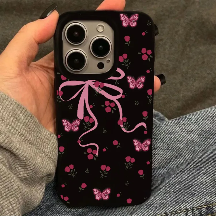 奥菲顿花花蝴蝶适用苹果17/16果冻黑手机壳华为P70vivo小米15oppo