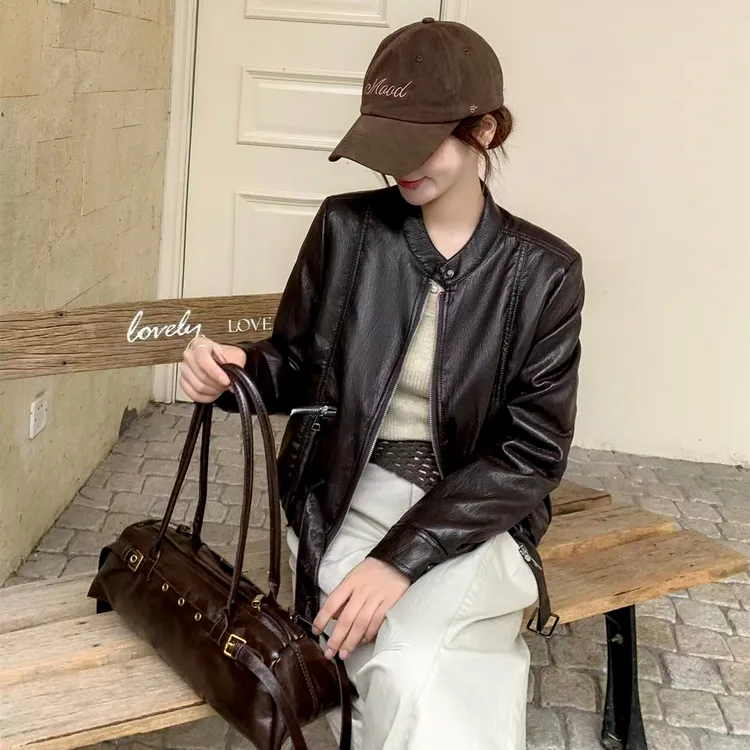 90白鸭绒短款皮衣外套女冬季新款港风显瘦立领小个子PU机车夹克衫