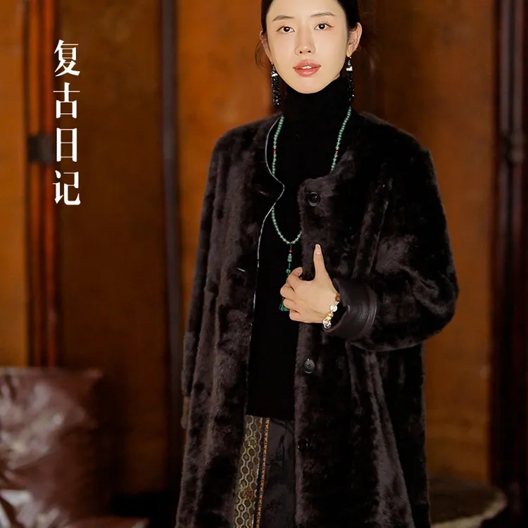 复古日记“岱叙”南法拉贡！皮毛一体双面穿中长款系带外套2EHD095