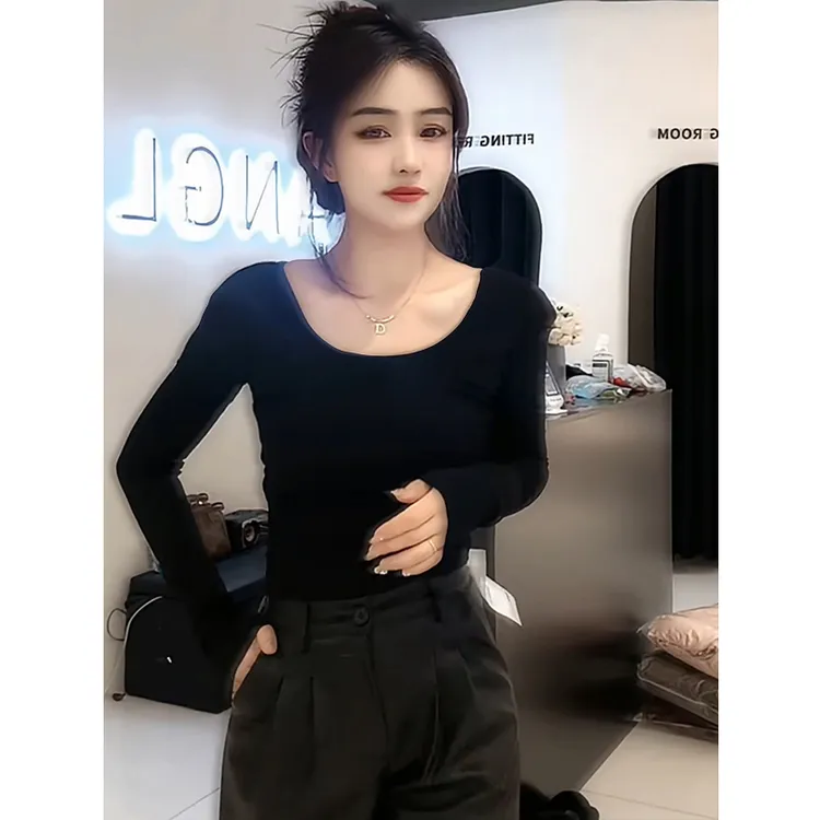 露背早秋新款时尚U领修身显瘦气质减龄打底衫女长袖T恤性感上衣服