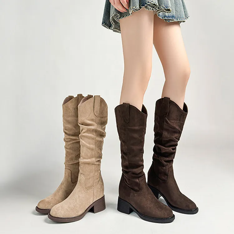 羊皮版秋冬加绒堆堆靴粗跟高筒马丁靴女靴法式卡其色瘦瘦靴骑士靴