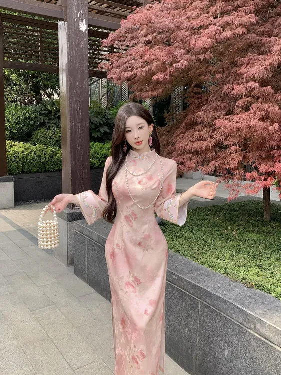 【朝花夕拾】新中式粉色改良旗袍日常气质修身复古印花国风连衣裙