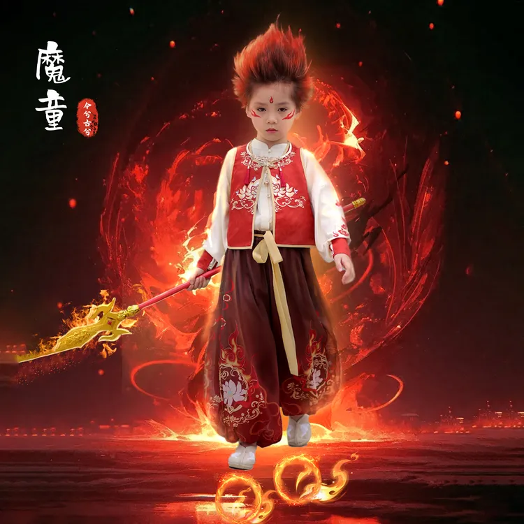 今兮古兮哪吒男女儿童春秋新品中国风古装绣花汉服灯笼裤套装亲子