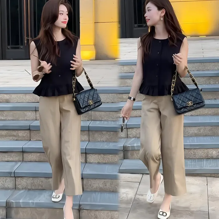 时尚套装女宽松夏季新款法式简约气质设计感无袖衬衫九分裤两件套