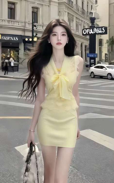 夏季新款温柔风黄色蕾丝V领无袖修身上衣+黄色包臀百搭半身裙套装