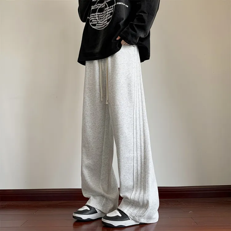 灰色重磅卫裤男2025秋季侧边条纹运动休闲裤子青少年潮流直筒长裤