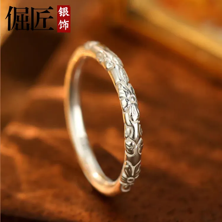 足银戒指 纯银990古法素圈樱花戒指实心纯银立体浮雕百搭开口戒指
