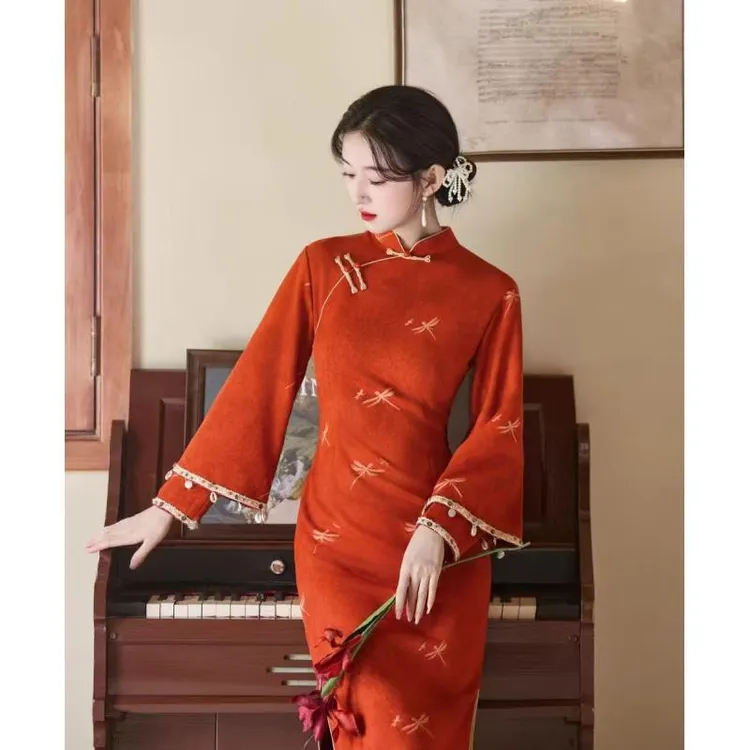 苏故里【胭脂影】冬季新款修身显瘦气质女人味旗袍加绒加厚改良版